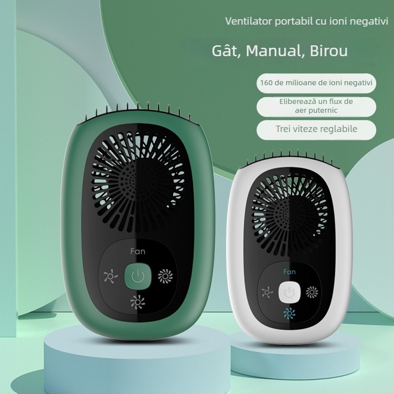 Ventilator fără lame pentru gât, cu ioni negativi, purificator de aer USB compact, 3 trepte de viteză, baterie încorporată 2000–4000 mAh, motor brushless