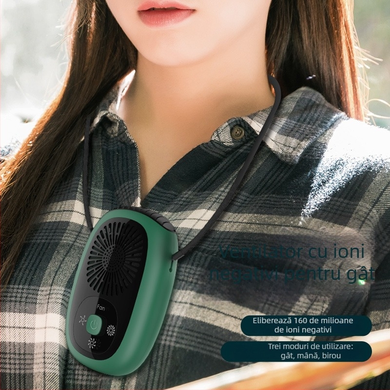 Ventilator fără lame pentru gât, cu ioni negativi, purificator de aer USB compact, 3 trepte de viteză, baterie încorporată 2000–4000 mAh, motor brushless