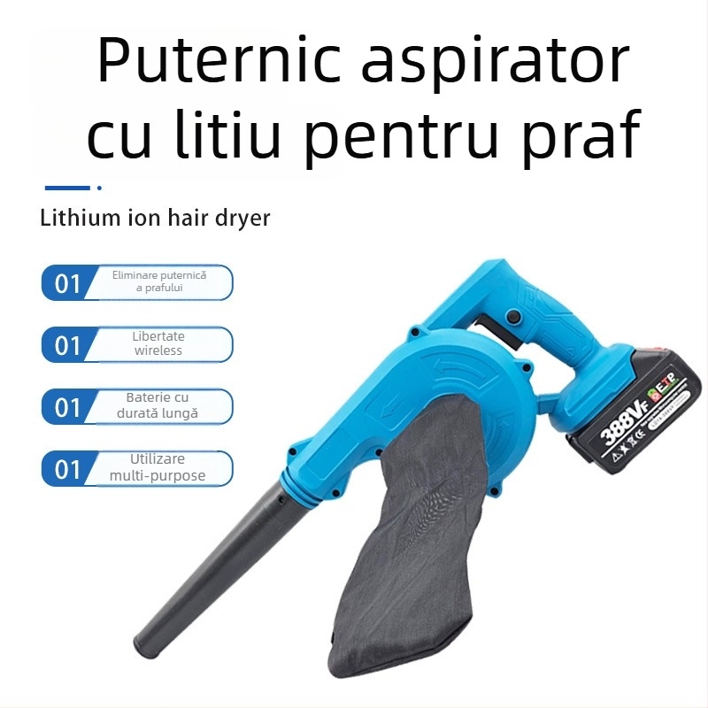 Uscător de păr fără fir cu baterie litiu, cu colector de praf încorporat, baterie 21V DC, intrare încărcare 220V