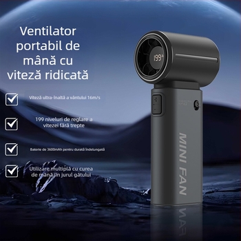 Ventilator de mână fără palete, baterie încorporată 2000–4000 mAh, încărcare USB, 5 viteze, zgomot sub 36 dB, motor brushless, compact și portabil