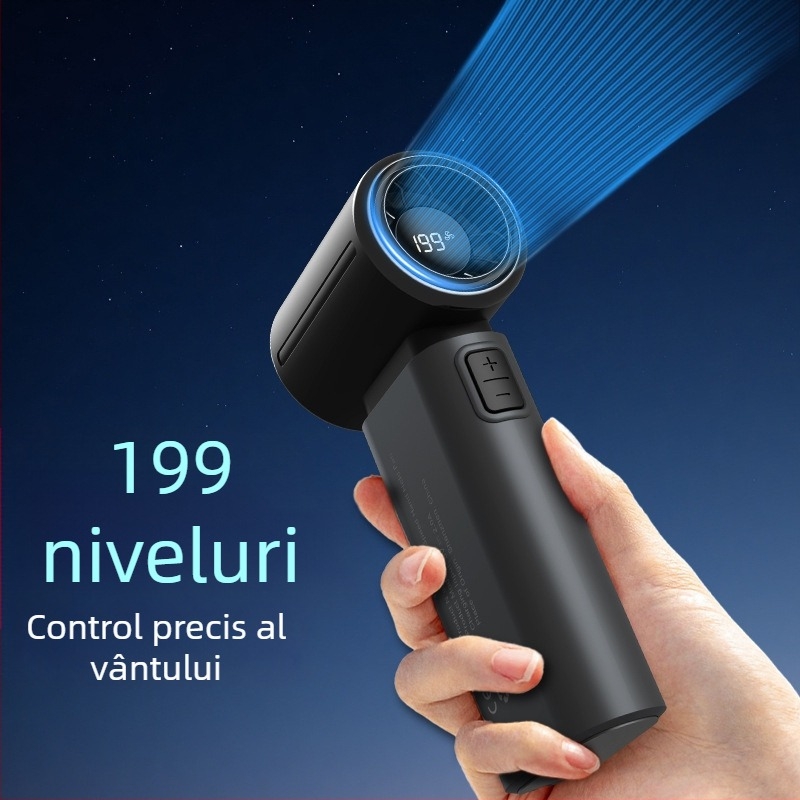 Ventilator de mână fără palete, baterie încorporată 2000–4000 mAh, încărcare USB, 5 viteze, zgomot sub 36 dB, motor brushless, compact și portabil