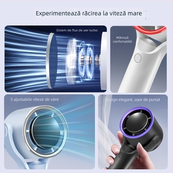 Ventilator fără palete cu 5 trepte, motor fără perii, cap oscilant, design desktop/handheld, USB și baterie Li-ion încorporată