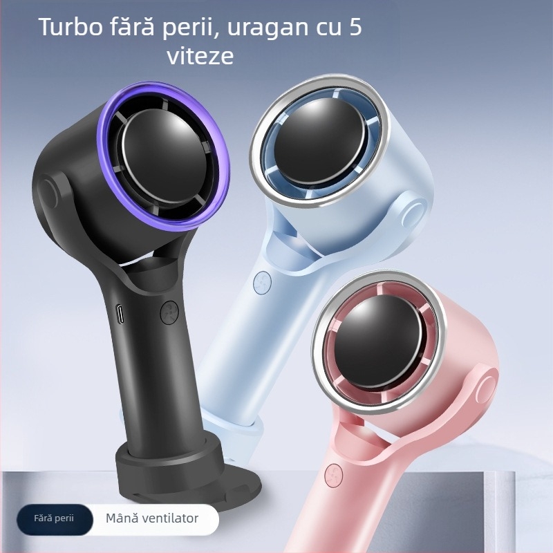 Ventilator fără palete cu 5 trepte, motor fără perii, cap oscilant, design desktop/handheld, USB și baterie Li-ion încorporată