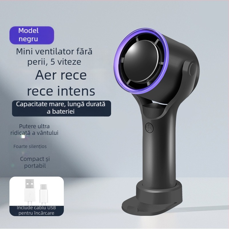 Ventilator fără palete cu 5 trepte, motor fără perii, cap oscilant, design desktop/handheld, USB și baterie Li-ion încorporată