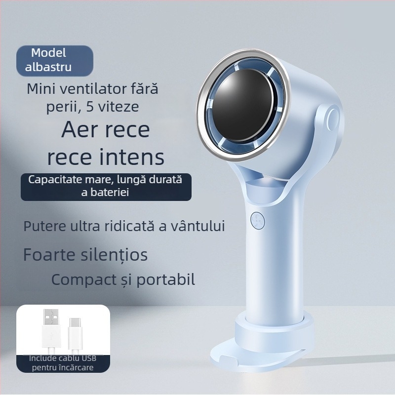 Ventilator fără palete cu 5 trepte, motor fără perii, cap oscilant, design desktop/handheld, USB și baterie Li-ion încorporată