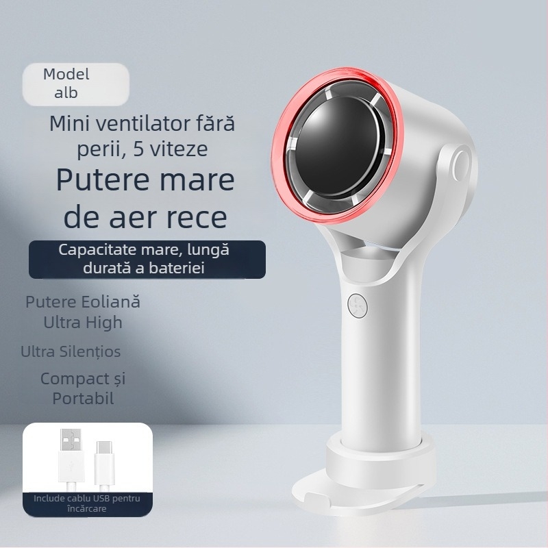 Ventilator fără palete cu 5 trepte, motor fără perii, cap oscilant, design desktop/handheld, USB și baterie Li-ion încorporată