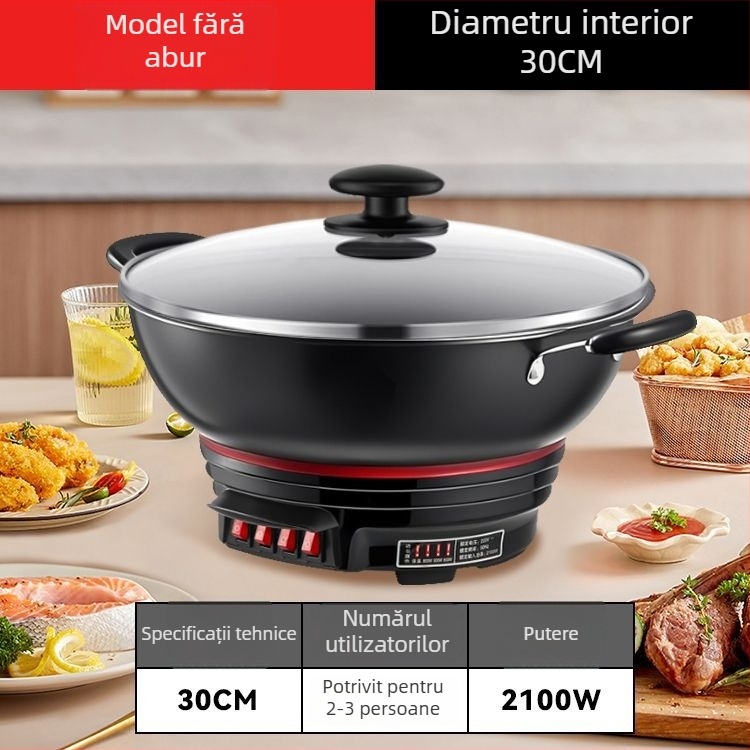 Wok electric cu strat antiaderent, vas din fontă îngroșat, gătire, aburire și fierbere într-un singur aparat