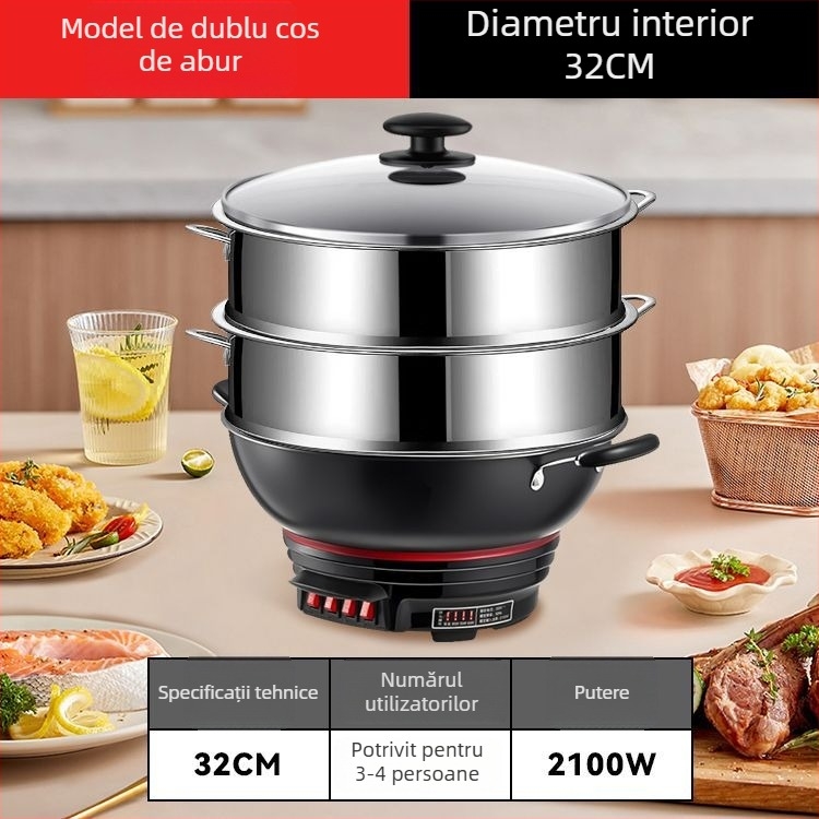 Wok electric cu strat antiaderent, vas din fontă îngroșat, gătire, aburire și fierbere într-un singur aparat