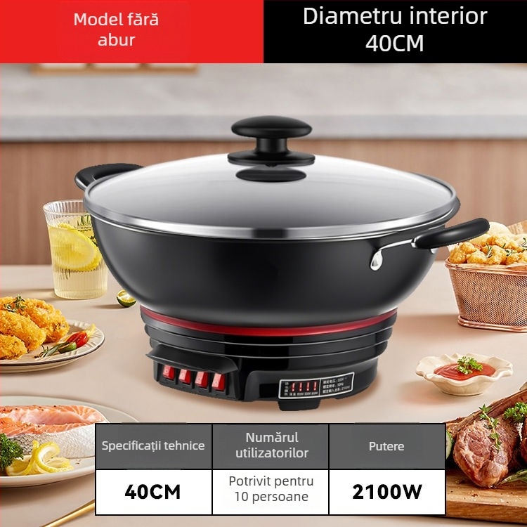 Wok electric cu strat antiaderent, vas din fontă îngroșat, gătire, aburire și fierbere într-un singur aparat