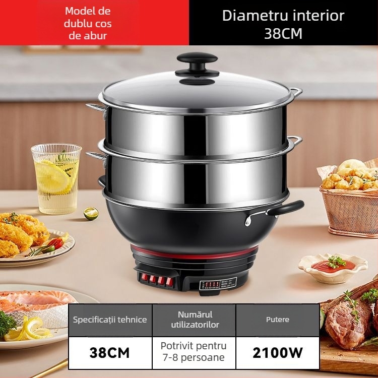 Wok electric cu strat antiaderent, vas din fontă îngroșat, gătire, aburire și fierbere într-un singur aparat