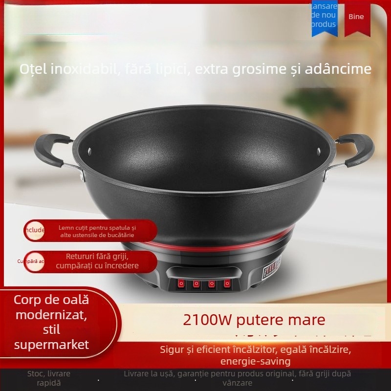 Wok electric cu strat antiaderent, vas din fontă îngroșat, gătire, aburire și fierbere într-un singur aparat