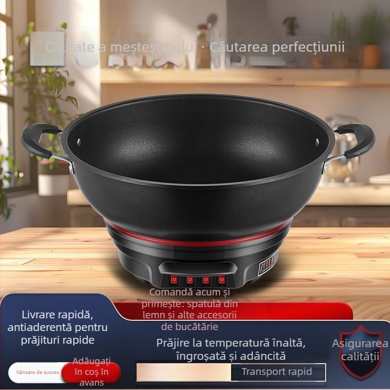 Wok electric cu strat antiaderent, vas din fontă îngroșat, gătire, aburire și fierbere într-un singur aparat