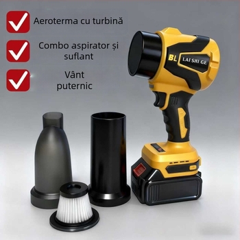 Suﬂoare de aer cu motor fără perii din cupru – funcție duală (fugare/aspirație), ventilator turbina mică de înaltă viteză, baterie Li-ion reîncărcabilă, 21V