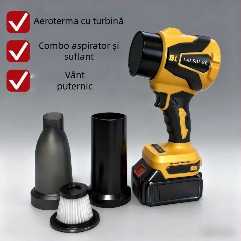 Suﬂoare de aer cu motor fără perii din cupru – funcție duală (fugare/aspirație), ventilator turbina mică de înaltă viteză, baterie Li-ion reîncărcabilă, 21V
