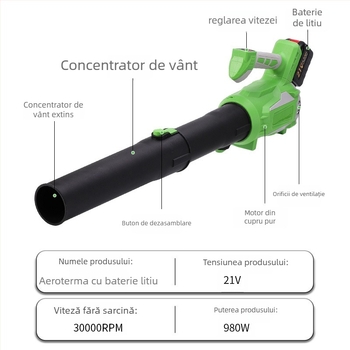 Pistol de suflare praf, motor fără peri, baterie litiu reîncărcabilă, 21V, putere industrială înaltă