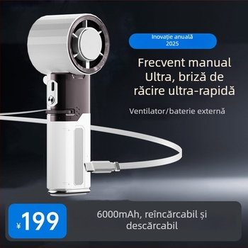 Ventilator de mână pentru răcire, cu baterie încorporată 4000–6000 mAh și USB power bank, motor brushless, răcire pe bază de semiconductori, zgomot 36–45 dB