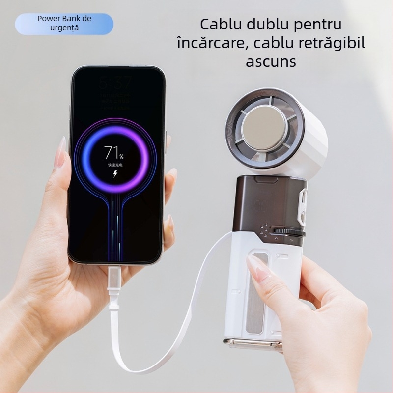 Ventilator de mână pentru răcire, cu baterie încorporată 4000–6000 mAh și USB power bank, motor brushless, răcire pe bază de semiconductori, zgomot 36–45 dB