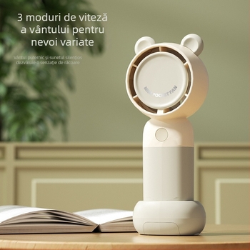 Ventilator de mână USB reîncărcabil, cu turbină desen animat și design cu urechi de urs, 3 viteze, motor brushless, baterie încorporată 300–500 mAh, suport pentru telefon