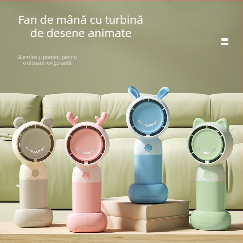 Ventilator de mână USB reîncărcabil, cu turbină desen animat și design cu urechi de urs, 3 viteze, motor brushless, baterie încorporată 300–500 mAh, suport pentru telefon