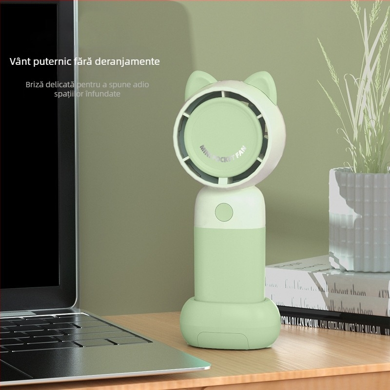 Ventilator de mână USB reîncărcabil, cu turbină desen animat și design cu urechi de urs, 3 viteze, motor brushless, baterie încorporată 300–500 mAh, suport pentru telefon