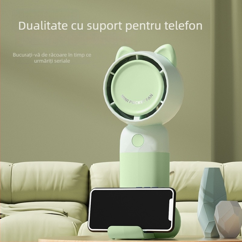 Ventilator de mână USB reîncărcabil, cu turbină desen animat și design cu urechi de urs, 3 viteze, motor brushless, baterie încorporată 300–500 mAh, suport pentru telefon