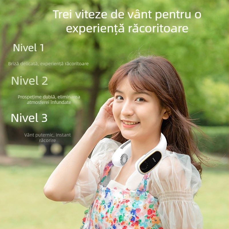 Ventilator pentru gât - fără palete, USB reîncărcabil, baterie 4000-6000 mAh, 3 viteze, liniștit sub 36 dB