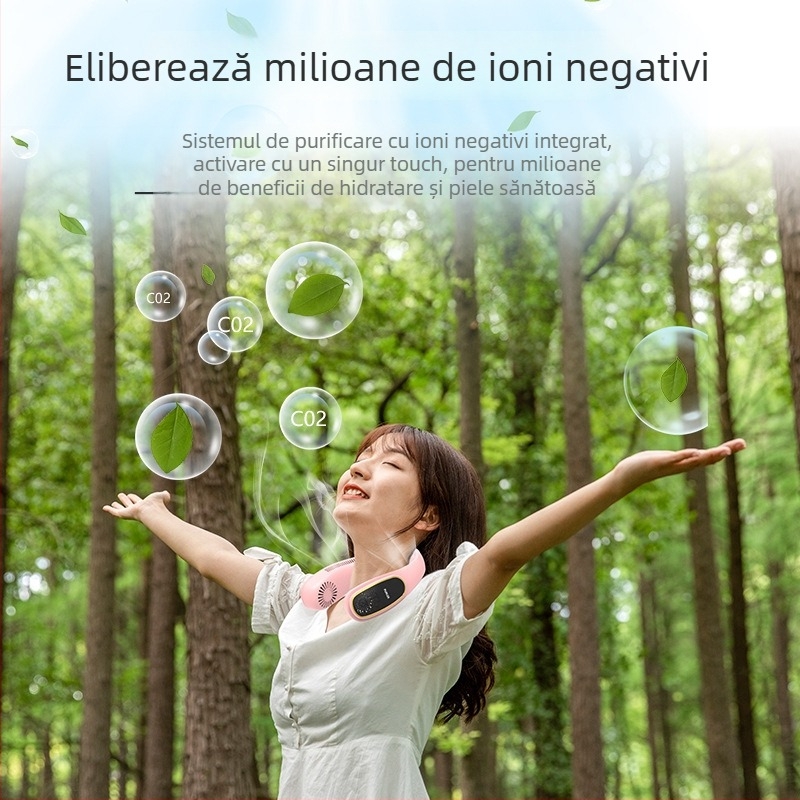 Ventilator pentru gât - fără palete, USB reîncărcabil, baterie 4000-6000 mAh, 3 viteze, liniștit sub 36 dB