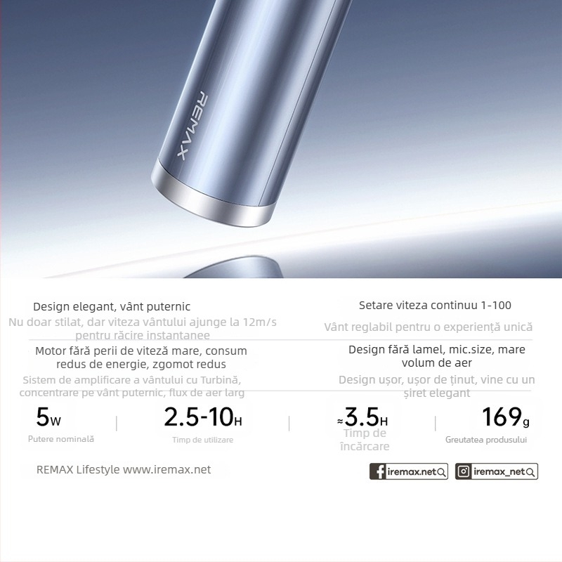 Remax Turbo Vortex ventilator de mână fără palete, USB reîncărcabil, 100 niveluri de viteză, foarte silențios sub 36 dB, baterie Li-ion încorporată 2000–4000 mAh