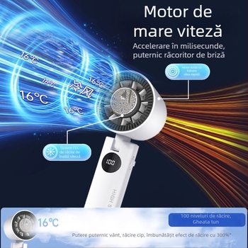 Ventilator de mână USB fără palete, cu baterie încorporată de 2000-4000 mAh, 5 viteze, zgomot redus (<36 dB), carcasă ABS, cu cârlig