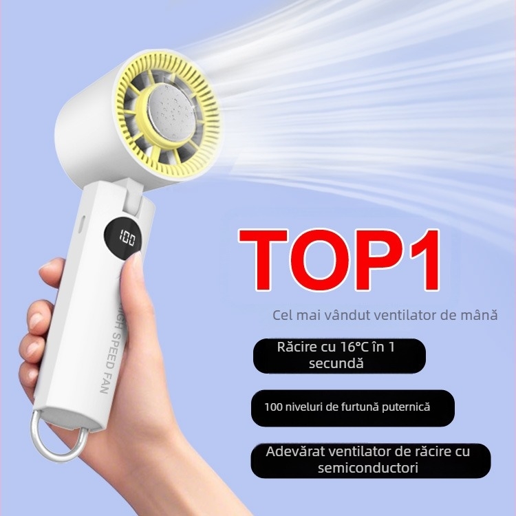 Ventilator de mână USB fără palete, cu baterie încorporată de 2000-4000 mAh, 5 viteze, zgomot redus (<36 dB), carcasă ABS, cu cârlig