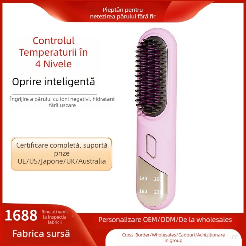 Pieptene termic fără fir pentru păr, îndreptare și onduleuri, cu ioni, încălzire ceramică, 31 mm, 4 niveluri temperatură, 35W, 3.7V, protecție la arsură