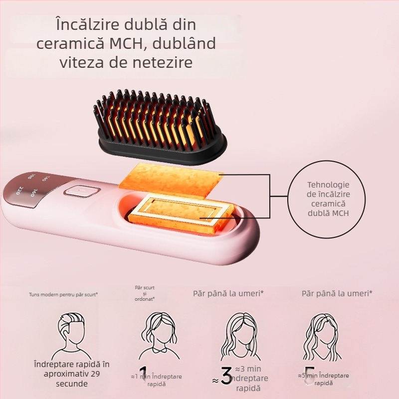 Pieptene termic fără fir pentru păr, îndreptare și onduleuri, cu ioni, încălzire ceramică, 31 mm, 4 niveluri temperatură, 35W, 3.7V, protecție la arsură