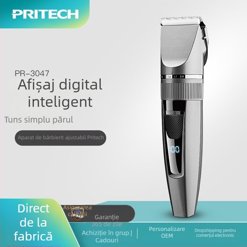 Pritech Aparat de tuns păr reîncărcabil cu afișaj digital, baterie încorporată 1200-2000 mAh, autonomie 1-3 ore, motor cu perii, lame din oțel inoxidabil