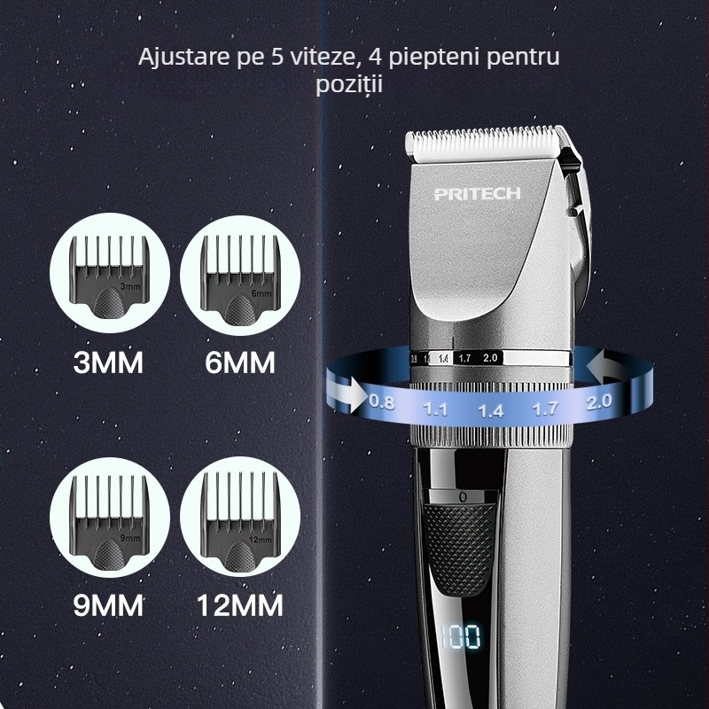 Pritech Aparat de tuns păr reîncărcabil cu afișaj digital, baterie încorporată 1200-2000 mAh, autonomie 1-3 ore, motor cu perii, lame din oțel inoxidabil