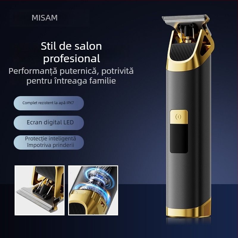 Trimmer electric pentru păr pentru uz casnic - încărcare USB, afișaj LED, baterie încorporată 1200-2000 mAh, lame din oțel inoxidabil, rezistent la apă