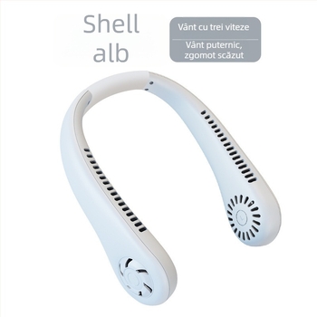 Ventilator suspendat pentru gât, fără palete, USB reîncărcabil, aer natural, zgomot sub 36 dB, baterie 500–800 mAh, autonomie peste 12 h