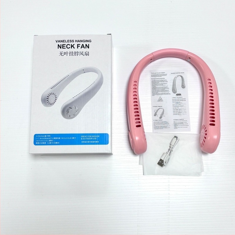 Ventilator suspendat pentru gât, fără palete, USB reîncărcabil, aer natural, zgomot sub 36 dB, baterie 500–800 mAh, autonomie peste 12 h