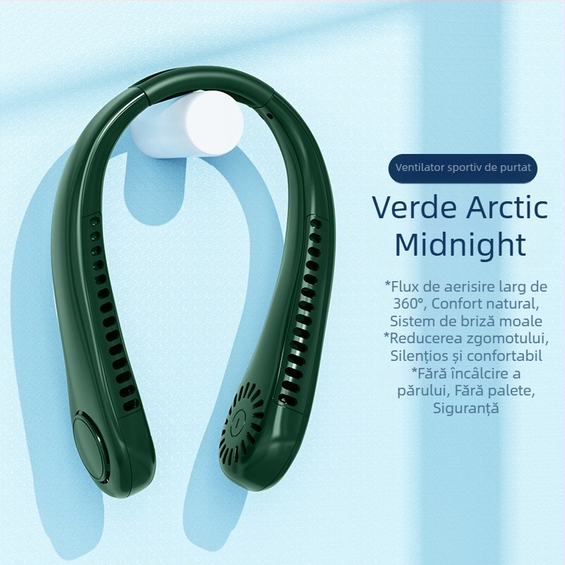 Ventilator suspendat pentru gât, fără palete, USB reîncărcabil, aer natural, zgomot sub 36 dB, baterie 500–800 mAh, autonomie peste 12 h
