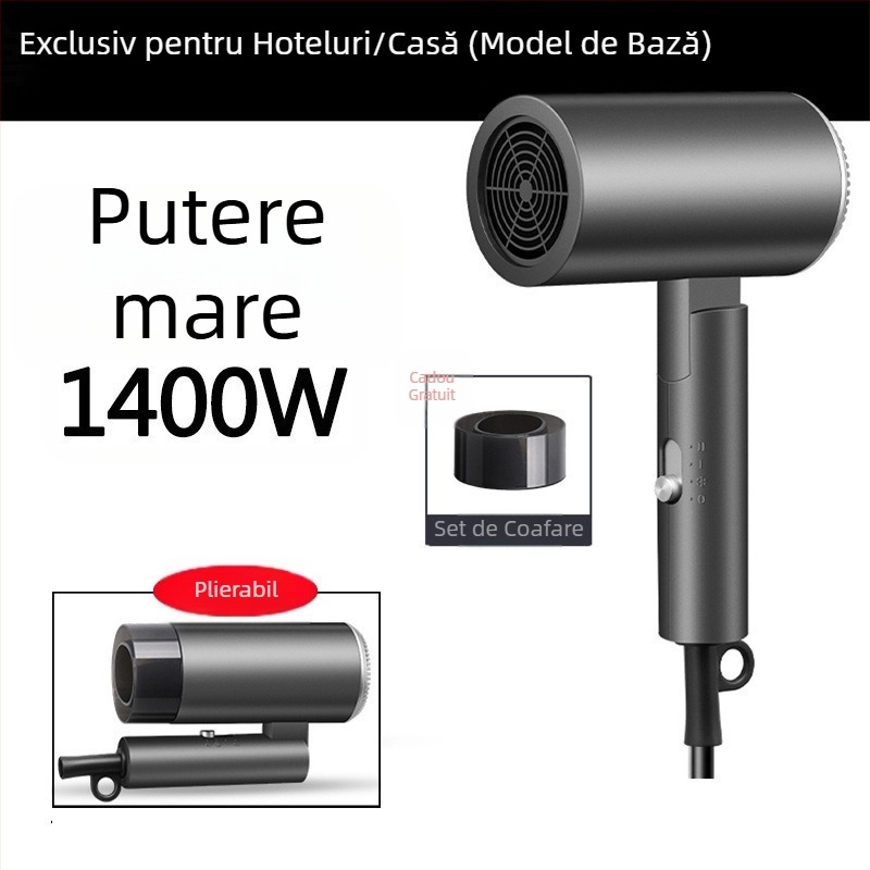 Uscător de păr pliabil pentru camere de hotel, cu motor fără perii, 4 trepte viteze, aer rece/cal, protecție la supraîncălzire, duză concentratoare