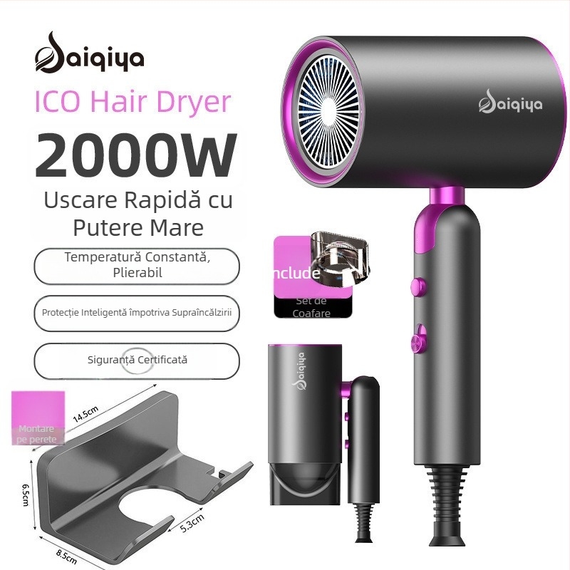 Uscător de păr pliabil pentru camere de hotel, cu motor fără perii, 4 trepte viteze, aer rece/cal, protecție la supraîncălzire, duză concentratoare