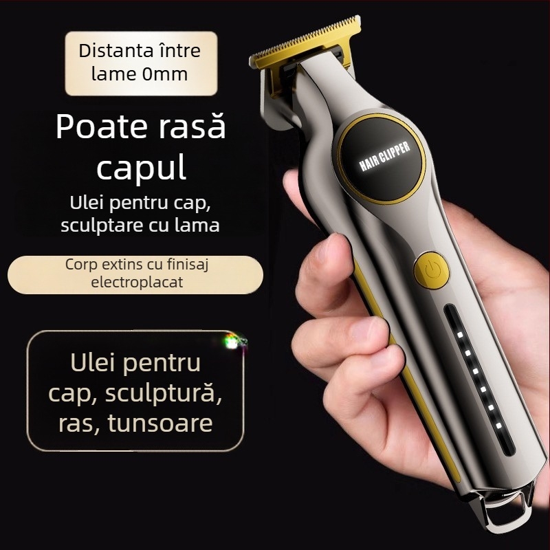 Trimmer de păr pentru uz casnic - Putere mare, alimentare duală (încărcare/baterie), Motor cu perii, Lamă din oțel inoxidabil, Baterie încorporată 300-500 mAh, 0-1 h funcționare, zgomot redus sub 36 dB