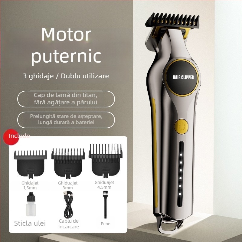 Trimmer de păr pentru uz casnic - Putere mare, alimentare duală (încărcare/baterie), Motor cu perii, Lamă din oțel inoxidabil, Baterie încorporată 300-500 mAh, 0-1 h funcționare, zgomot redus sub 36 dB