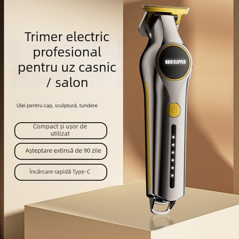 Trimmer de păr pentru uz casnic - Putere mare, alimentare duală (încărcare/baterie), Motor cu perii, Lamă din oțel inoxidabil, Baterie încorporată 300-500 mAh, 0-1 h funcționare, zgomot redus sub 36 dB