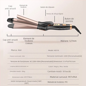 Fier de păr – curling și îndreptare, duală funcție, încălzire ceramică, 50W, 220V, control temperatură în 2 trepte