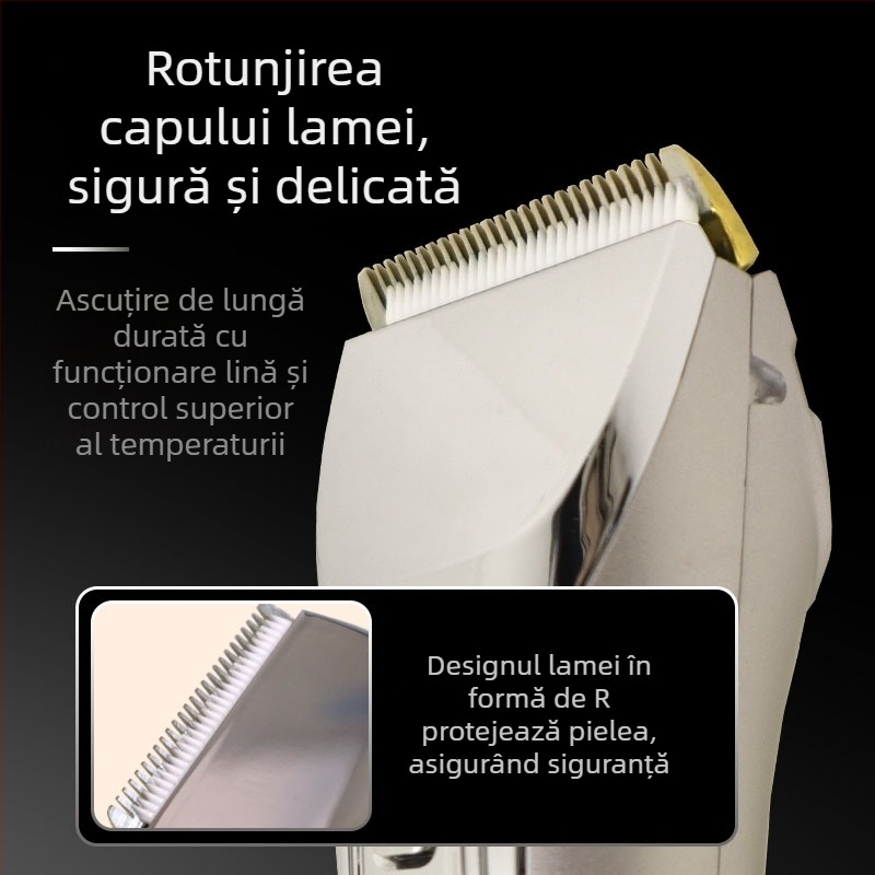 Mașină de tuns păr electrică, portabilă, alimentare dublă (încărcare/priză), motor cu perii, lame ceramice, cap de lamă detașabil și lavabil, autonomie baterie 3-6 ore