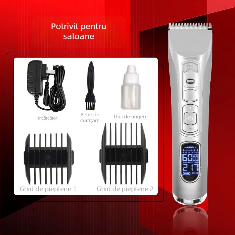 Mașină de tuns păr electrică, portabilă, alimentare dublă (încărcare/priză), motor cu perii, lame ceramice, cap de lamă detașabil și lavabil, autonomie baterie 3-6 ore