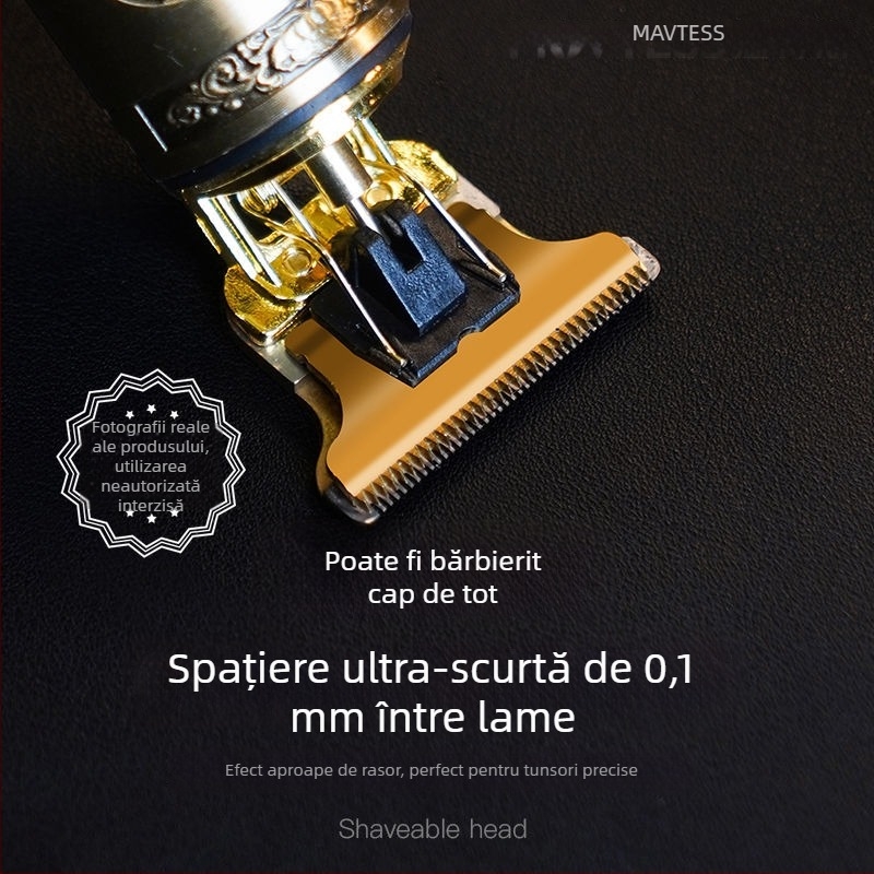 Trimmer electric pentru păr cu motor periat, lame din oțel inoxidabil, cap de lamă detașabil și lavabil, baterie încorporată 1200–2000 mAh, autonomie 1–3 ore