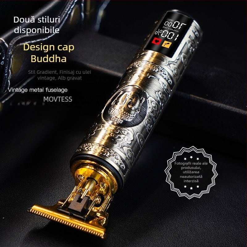 Trimmer electric pentru păr cu motor periat, lame din oțel inoxidabil, cap de lamă detașabil și lavabil, baterie încorporată 1200–2000 mAh, autonomie 1–3 ore