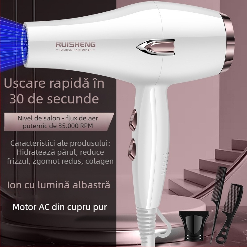 Uscător de păr cu motor cu perie, 5000W, aer cald/rece, 220V, lumină albastră cu ioni negativi