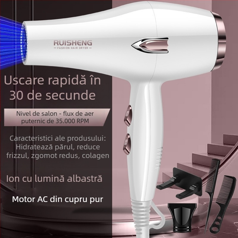 Uscător de păr cu motor cu perie, 5000W, aer cald/rece, 220V, lumină albastră cu ioni negativi